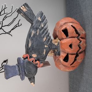 Halloween Crow Jack O' Lantern Light Up Figure Decoration Rustic Wood Look